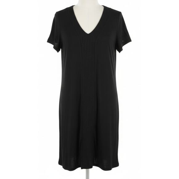 Adrianna Papell Dress Women Medium Black V Neck Short Sleeve Textured Trim Boho - Picture 1 of 9